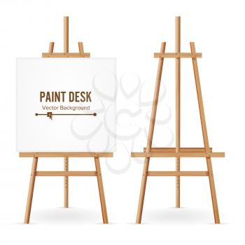 Paint Desk Vector. Wooden Easel Template With White Paper. Isolated On White Background. Realistic Painter Desk Set. Blank Space For Design.
