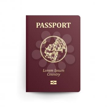 Passport With Map. Realistic Vector Illustration. Red Passport With Globe. International Identification Document. Front Cover