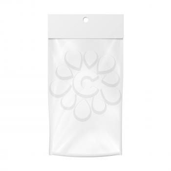 Plastic Pocket Vector Blank. Packing Design. Realistic Mock Up Template Of White Plastic Pocket Bag. Empty Hang Slot. Isolated Illustration