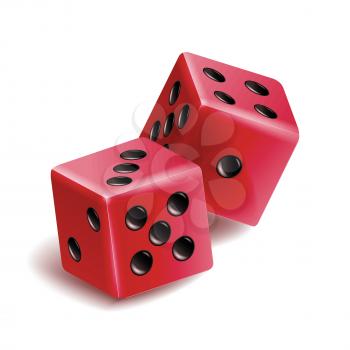 Playing Dice Vector Set. Realistic 3D Illustration Of Two Red Dice With Shadow
