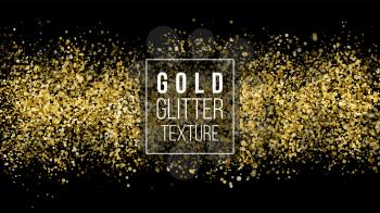 Gold Glitter Texture On A Black Background. Holiday Background. Golden Explosion Of Confetti.