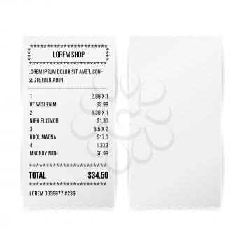 Sales Printed Receipt White Paper Blank Vector. Shop Reciept Or Bill Isolated On White Background. Realistic ATM Check