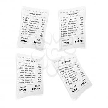 Sales Printed Receipt White Paper Blank Vector. Shop Reciept Or Bill Isolated On White Background. Realistic ATM Check
