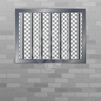 Prison Window With Bars And Brick Wall. Vector Pokey Concept. Prison Grid Isolated.
