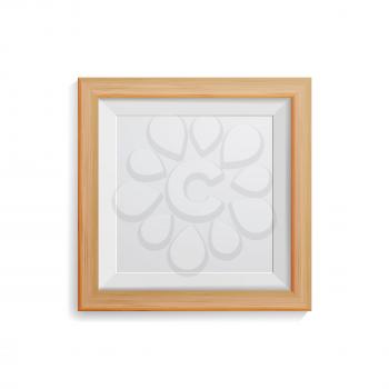 Realistic Photo Frame Vector. Square Light Wood Blank Picture Frame, Hanging On White Wall From The Front. Template For Mock Up.
