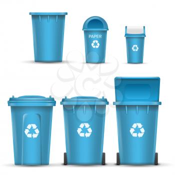 Blue Recycling Bin Bucket Vector For Paper Trash. Opened And Closed. Front View. Sign Arrow. Isolated