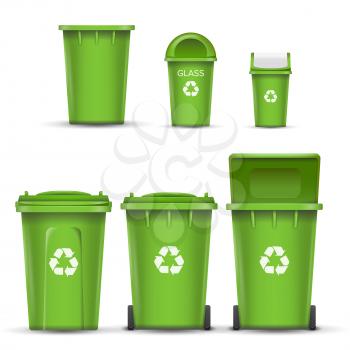 Green Recycling Bin Bucket Vector For Glass Trash. Opened And Closed. Front View. Sign Arrow. Isolated