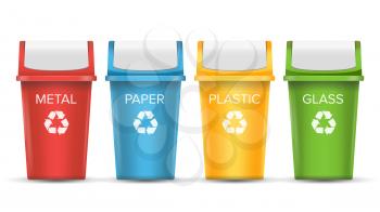 Multicolored Recycling Bins Vector. 3D Realistic. Set Of Red, Green, Blue, Yellow Buckets. For Paper, Glass, Metal, Plastic Sorting Isolated On White