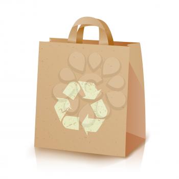 Recycling Bag Vector. Brown Paper Lunch Kraft Bag With Recycling Symbol. Ecologic Craft Package. Isolated