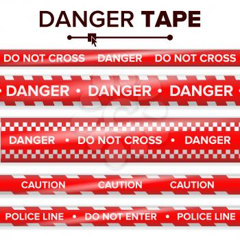 Danger Tape Vector. Red And White. Warning Tape Strips. Realistic Plastic Police Danger Tapes Set