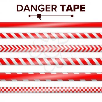 Danger Tape Vector. Red And White. Warning Tape Strips. Realistic Plastic Police Danger Tapes Set