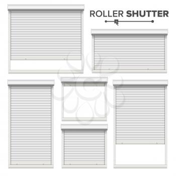 White Roller Shutters Vector. Window, Door, Garage, Storage Roller Shutters. Opened And Closed. Front View