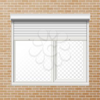 Window With Rolling Shutters Vector. Brick Wall. Front View. Illustration