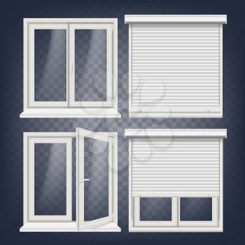 Plastic PVC Windows Set Vector. Different Types. Roller Blind. Opened And Closed. Front View. Home Window Design Element. Isolated On Transparent Background Realistic Illustration