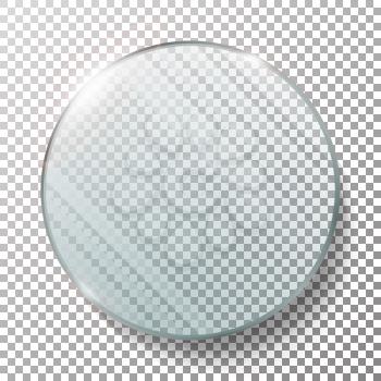 Transparent Round Circle Vector Realistic Illustration. Glass Plate Mock Up Or Plastic Banner.