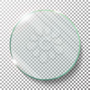 Transparent Round Circle Vector Realistic Illustration. Glass Plate Mock Up Or Plastic Banner.