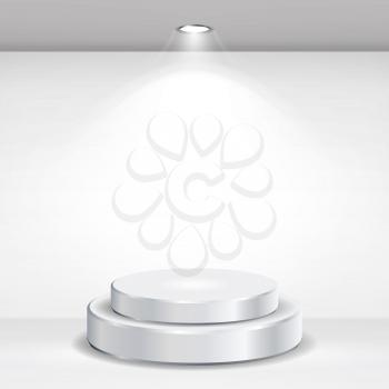 Round Empty Podium Vector. Realistic Tribune On Gallery Interior With Empty Wall And Lamps. Vector