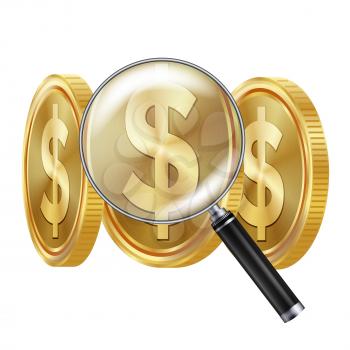Dollar And Magnifying Glass Vector. Business Concept. Financial Concept. Isolated
