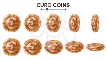 Money. Euro 3D Copper Coins Vector Set. Realistic Illustration. Flip Different Angles. Money Front Side. Investment Concept. Finance Coin Icons, Sign, Success Banking Cash Symbol