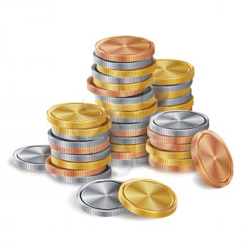 Gold, Silver, Bronze, Copper Coins Stacks Vector. Finance Icons, Sign, Success Banking Cash Symbol. Investment Concept. Realistic Currency Isolated Illustration