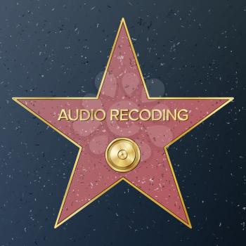 Hollywood Walk Of Fame. Vector Star Illustration. Famous Sidewalk Boulevard. Phonograph Record Representing Audio Recording Or Music.