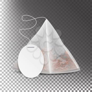 Pyramid Shape Tea Bag Mock Up With Empty White Label. Isolated On Transparency Background. Vector