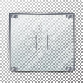 Glass Door Transparent Vector. Clear Glass Door Isolated On Transparent Checkered Background. Mock Up Entrance Door For Shop Or Boutique.