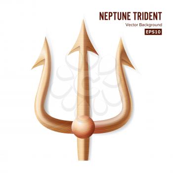 Neptune Trident Vector. Bronze Realistic 3D Silhouette Of Neptune Or Poseidon Weapon. Pitchfork Sharp Fork Object. Isolated On White
