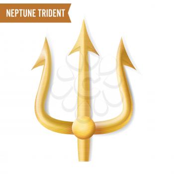 Neptune Trident Vector. Gold Realistic 3D Silhouette Of Neptune Or Poseidon Weapon. Pitchfork Sharp Fork Object. Isolated On White