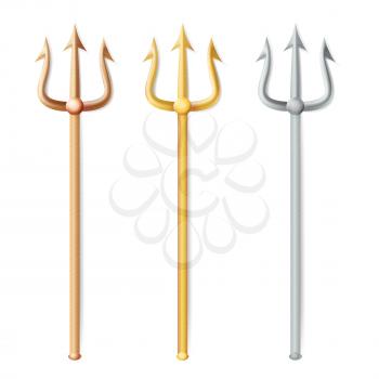 Neptune Trident Vector. Realistic 3D Silhouette Of Neptune Or Poseidon Weapon. Pitchfork Sharp Fork Object. Isolated On White