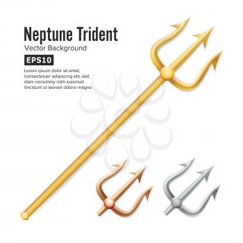 Neptune Trident Vector. Realistic 3D Silhouette Of Poseidon Weapon. Gold, Silver, Bronze. Pitchfork Sharp Fork Object. Isolated On White