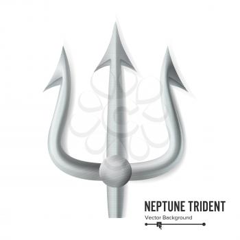 Neptune Trident Vector. Silver Realistic 3D Silhouette Of Neptune Or Poseidon Weapon. Pitchfork Sharp Fork Object. Isolated On White