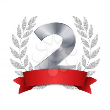 2nd Trophy Award Vector. Second Silver Placement Achievement. Figure 2 Two In A Realistic Silver Laurel Wreath. Red Ribbon. Isolated