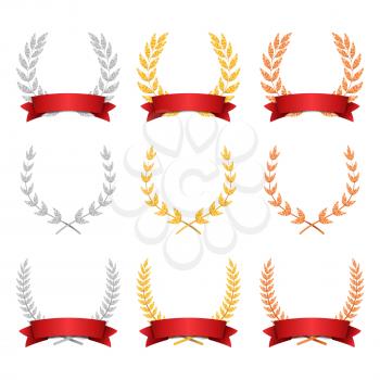 Laurel Wreath Trophy Set Vector. Award Placement Achievement. Realistic Gold Silver Bronze Laurel Wreath. Red Ribbon. Winner Honor Prize. Isolated