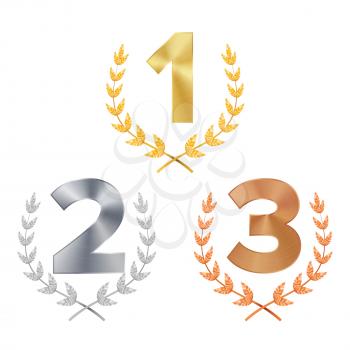 Trophy Award Set Vector. Award. Figures 1, 2, 3 One, Two, Three In A Realistic Gold Silver Bronze Laurel Wreath. Winner Trophy Award. Isolated