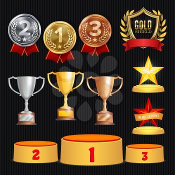 Award Trophies Vector Set. Achievement For 1st, 2nd, 3rd Place Ranks. Ceremony Placement Podium. Golden, Silver, Bronze Achievement. Championship Stars. Laurel Wreath