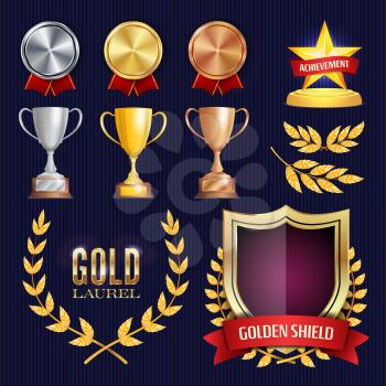 Vector Awards And Trophies Collection. Golden Badges And Labels. Championship Design. 1st, 2nd, 3rd Place. Golden, Silver, Bronze Achievement. Empty Badge