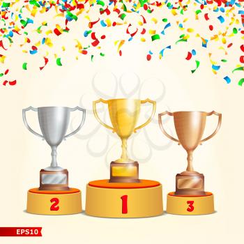 Trophy Cups On Podium. Golden, Bronze, Silver. Winners Pedestal Concept With First, Second And Third Place. Award Ceremony With Falling Confetti. Winner Concept. Vector Illustration