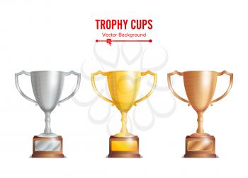 Trophy Cups Set. Golden, Bronze Silver Colours