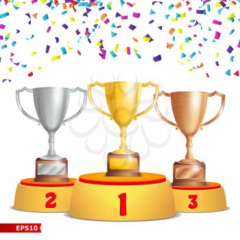 Trophy Cups On Podium. Golden, Bronze, Silver. Winners Pedestal Concept With First, Second And Third Place. Award Ceremony With Falling Confetti. Winner Concept. Vector Illustration.