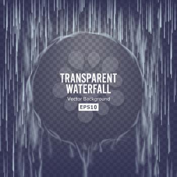 Transparent Waterfall Vector. Abstract Falling Water Texture. Nature Or Artificial Blue Water Drops Wall. Checkered Background. Illustration Blank Good For Banner, Brochure