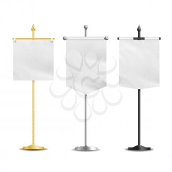 Blank White Flags Pocket Table Vector. Realistic Template Set For Business Promotion And Advertising