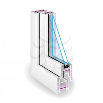 Plastic Profile Frame Window. Two Transparent Glass. Sectional View. Vector