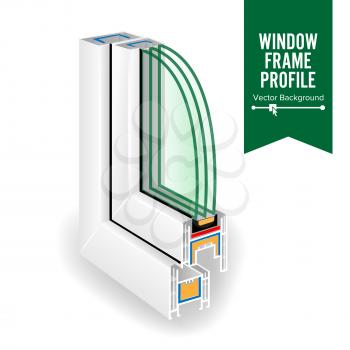 Plastic Window Frame Profile. Energy Efficient Window Cross Section. Three Transparent Glass. Vector
