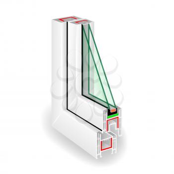 Plastic Window Frame Profile. Two Transparent Glass. Vector
