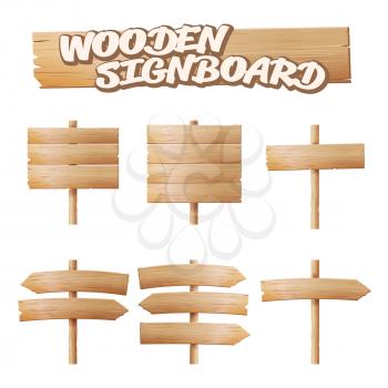 Wooden Signboards Set Vector. Empty Cartoon Banner. Arrow, Plank With Cracks. Wood Elements. Space For Text