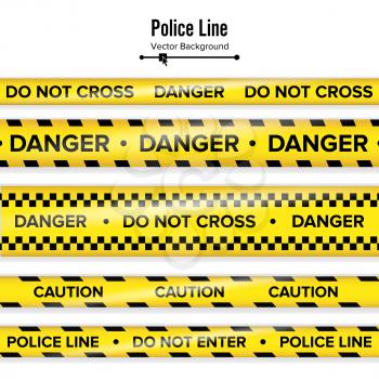 Yellow With Black Police Line. Do Not Cross, Danger, Caution. Danger Security Quarantine Tapes. Isolated On White Background. Vector