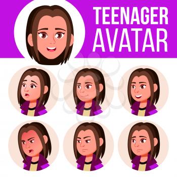 Teen Girl Avatar Set Vector. Face Emotions. Head, Icon. Childish, Happiness Enjoyment Cartoon Illustration