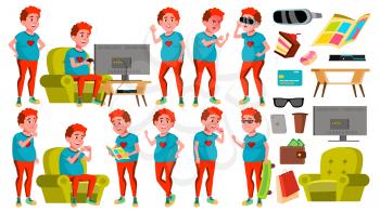 Teen Boy Poses Set Vector. Red Head. Fat Gamer. Fun, Cheerful. For Web, Poster, Booklet Design Cartoon Illustration