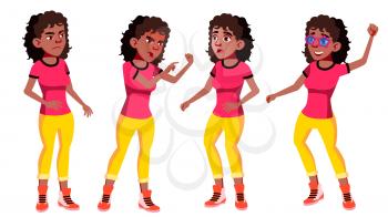 Teen Girl Poses Set Vector. Black. Afro American. Caucasian, Positive. For Presentation, Print, Invitation Design Cartoon Illustration